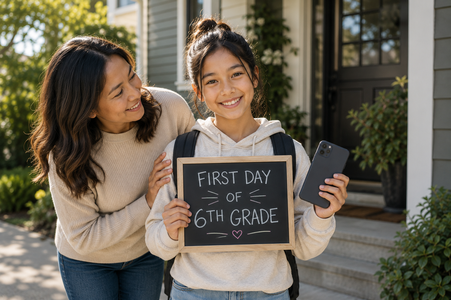A student on the first day of sixth grade, holding her first phone